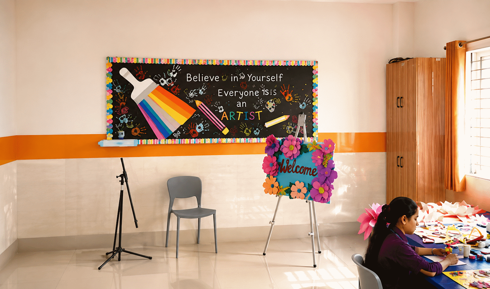 The art and craft studio with easels, craft materials and student artwork
