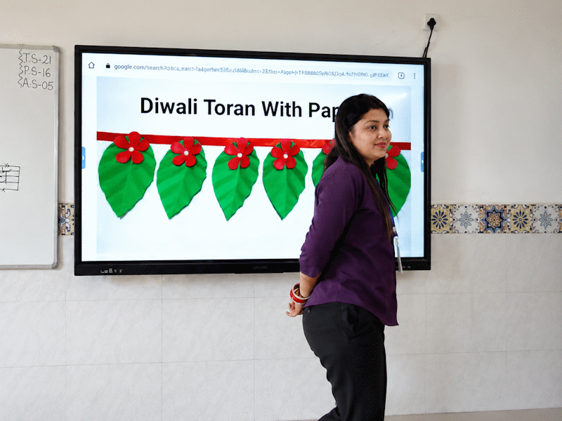 A teacher leading a lesson using a digital classroom screen
