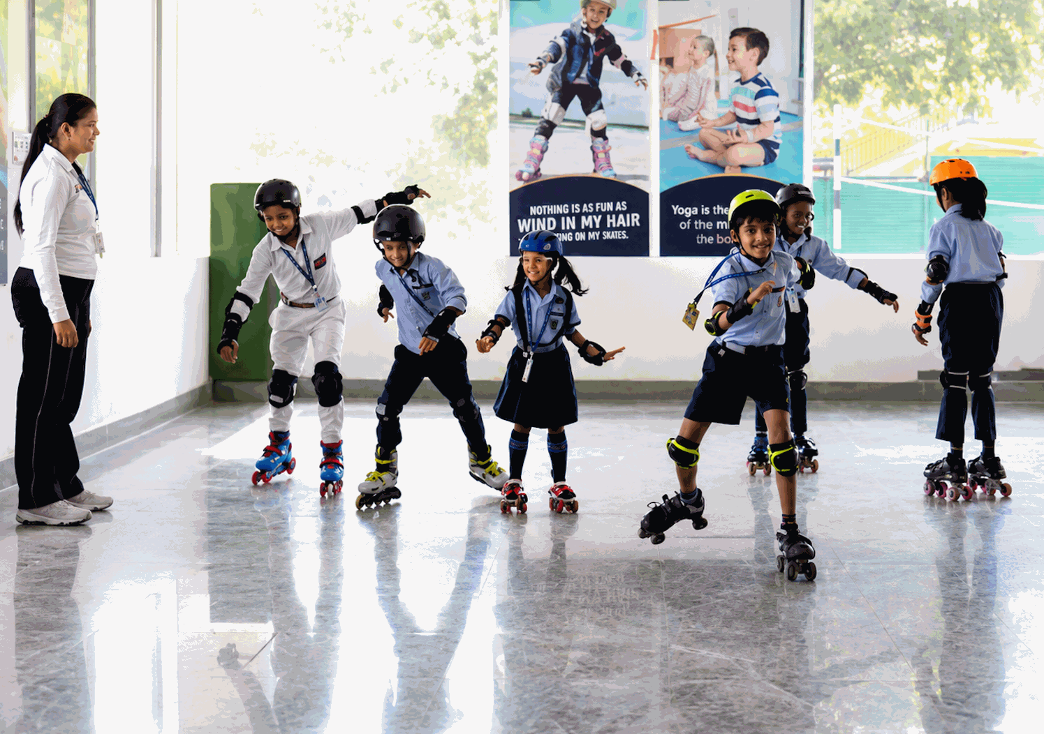 Students practising roller skating