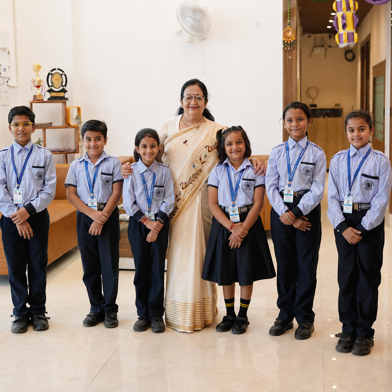 Principal with students in the school hall